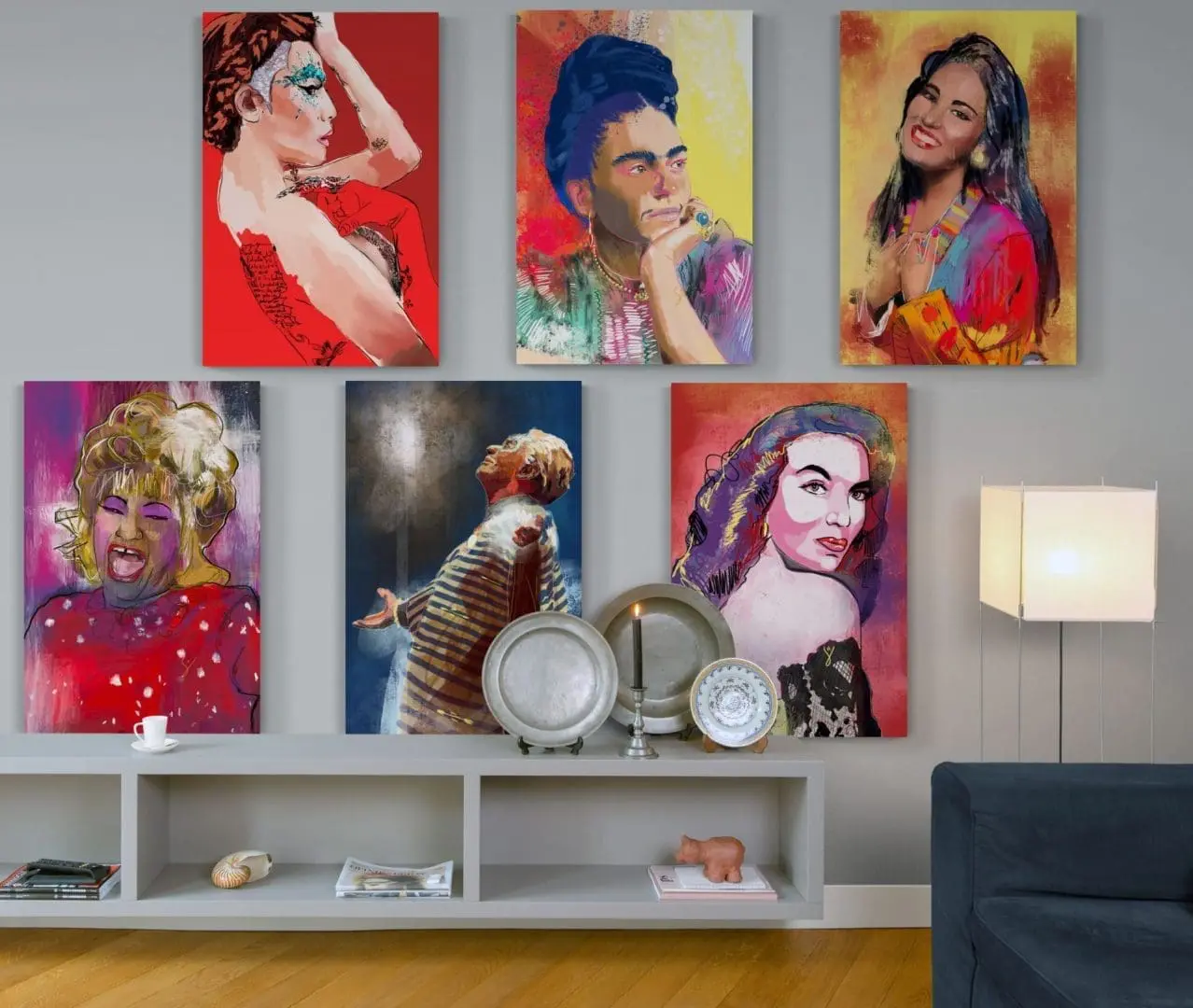 Immibrand gallery wall art prints of famous female artists in Hispanic culture showcasing Ivy Queen, Frida Kahlo, Selena Quintanilla, Celia Cruz, Chavela Vargas, and María Félix (La Doña).