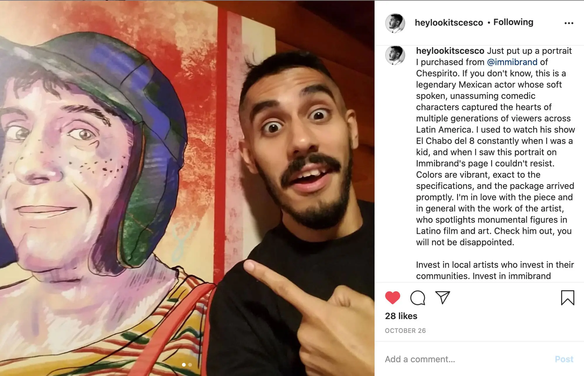 Immibrand social media fan posting a testimonial to support my art.