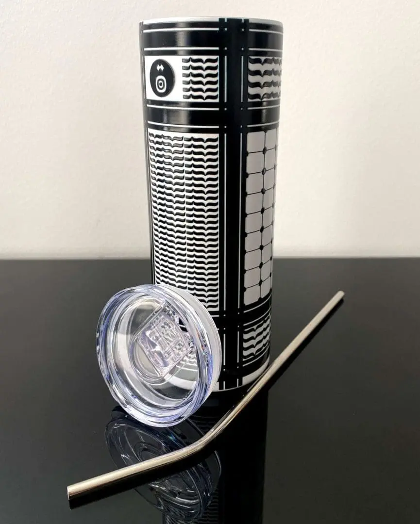 DJ Basbousa kufiya pattern steel tumbler.