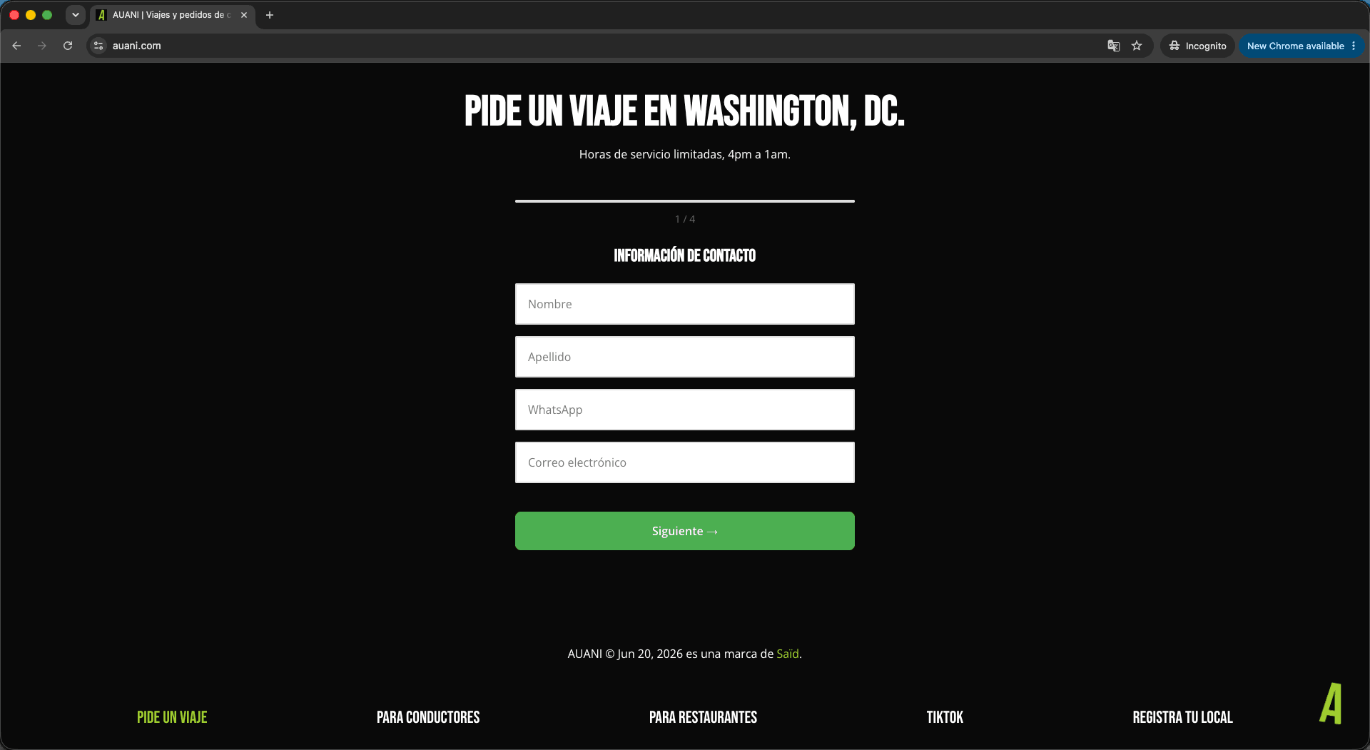 Auani ride service order form for case study.