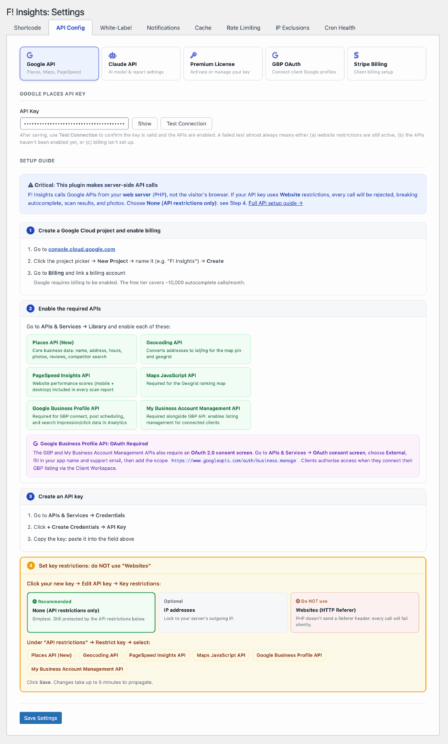 Fricking Insights API Configuration page view.