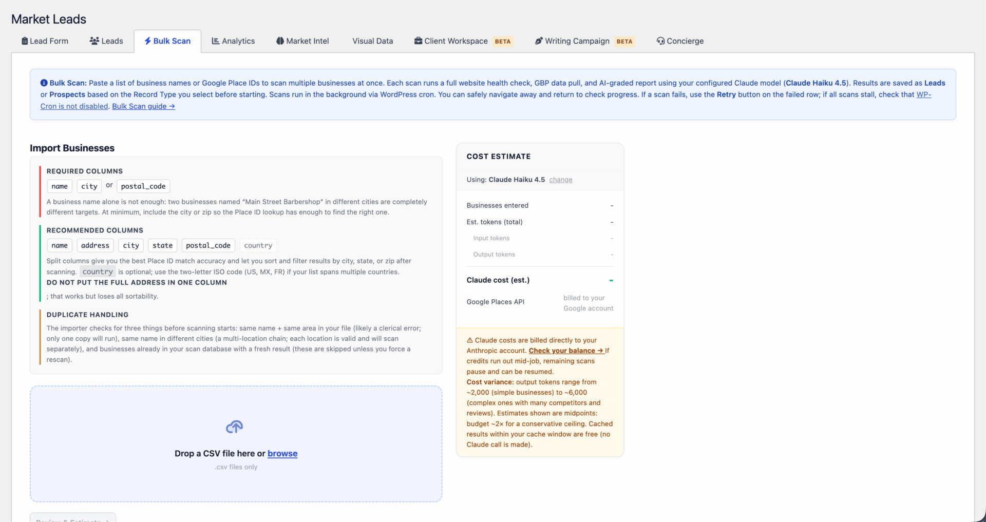 F! Insights Bulk Scan tab. Scan multiple businesses via prospecting import or CSV upload.