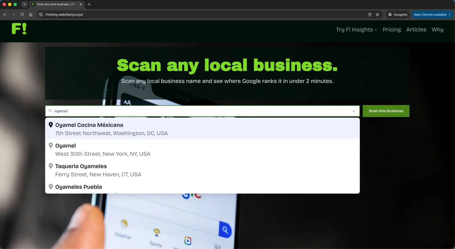 Fricking Insights local business scan landing page.