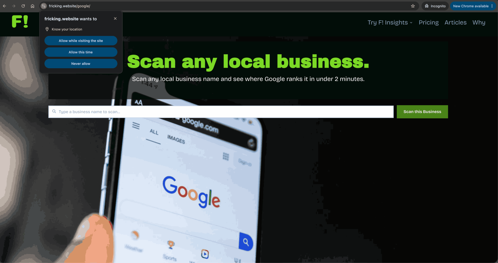 Fricking Insights landing page scanner for business google reports.