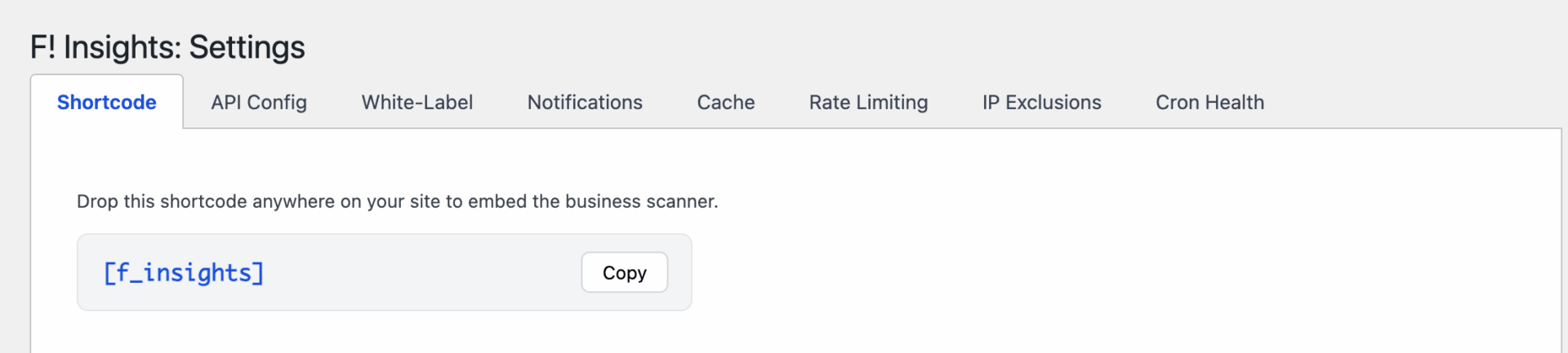 F! Insights settings, shortcode page view.