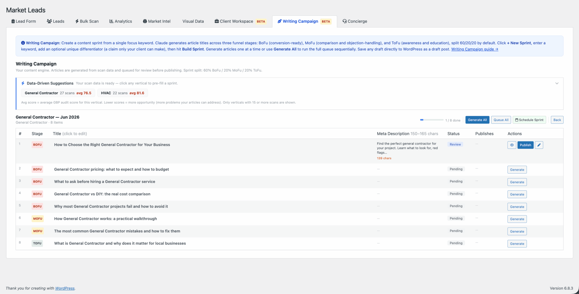 Fricking Insights premium feature: writing a campaign for host website seo.
