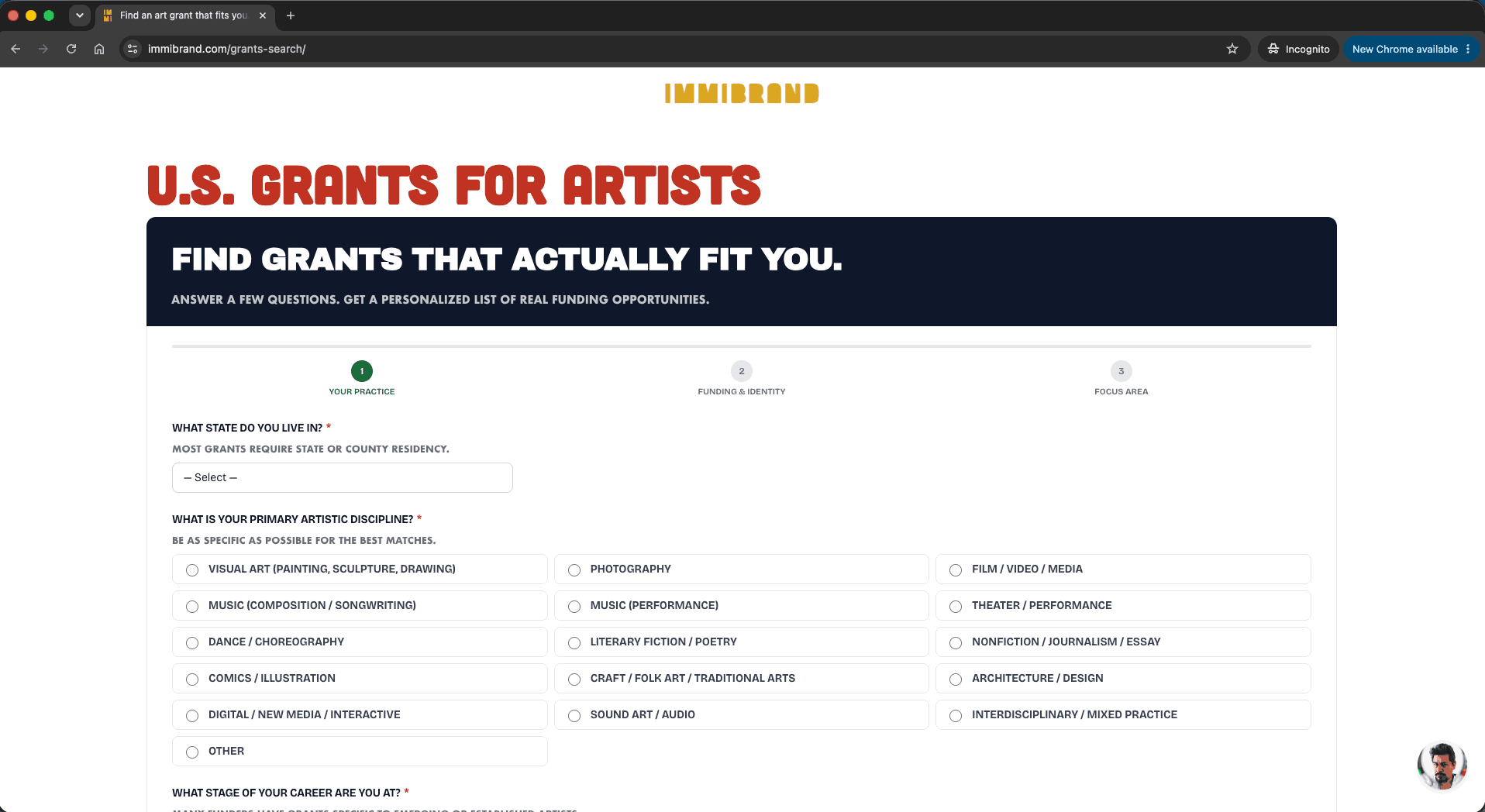 Free art grants search tool for site visitors on Immibrand.