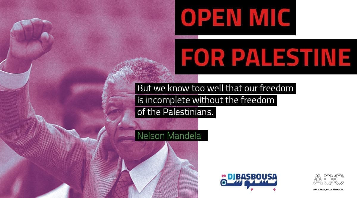 Open Mic for Palestine at Busboys & Poets in DC 2024. Mandela quote.