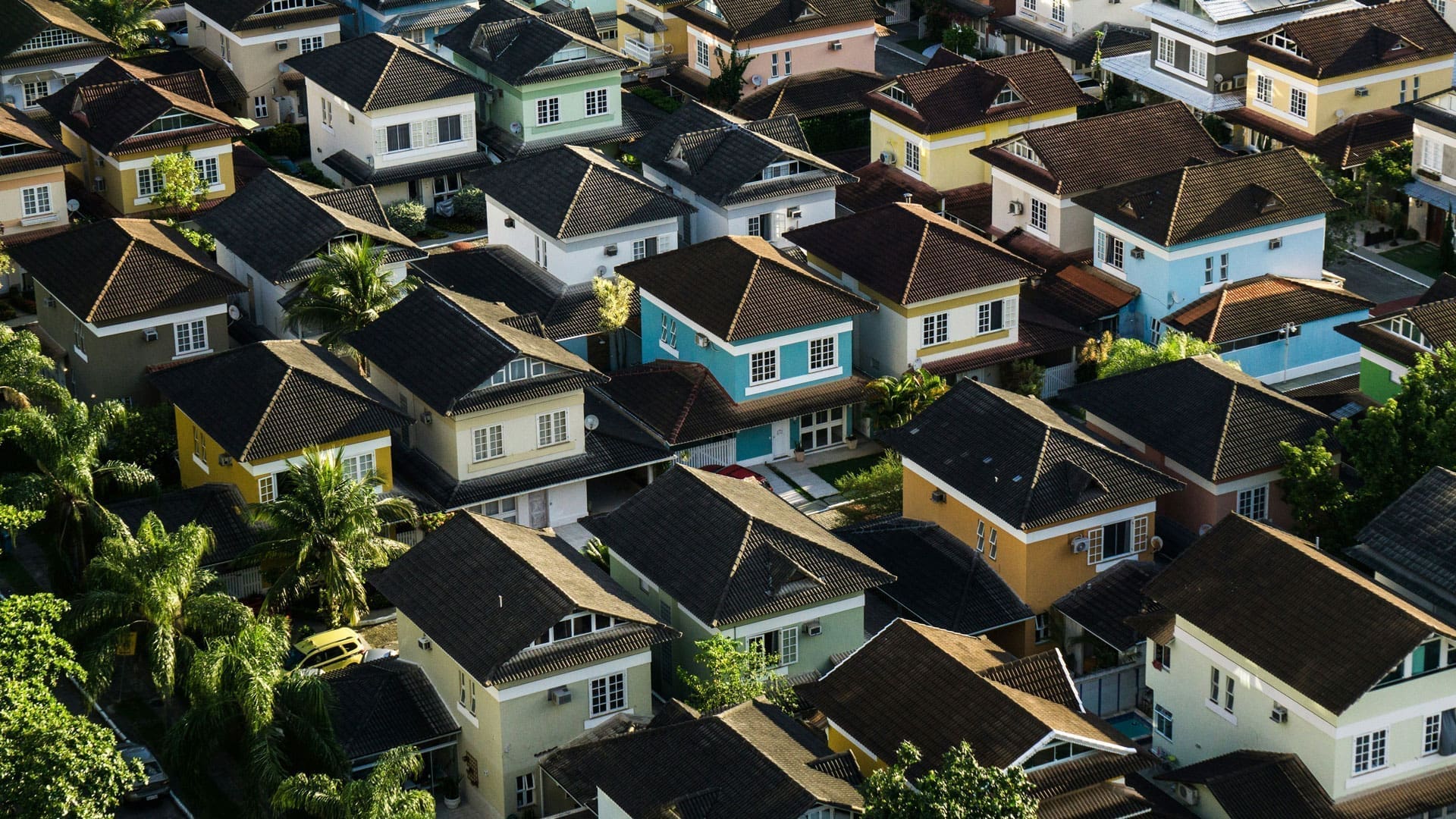 Aerial view of a suburban neighborhood boxes.