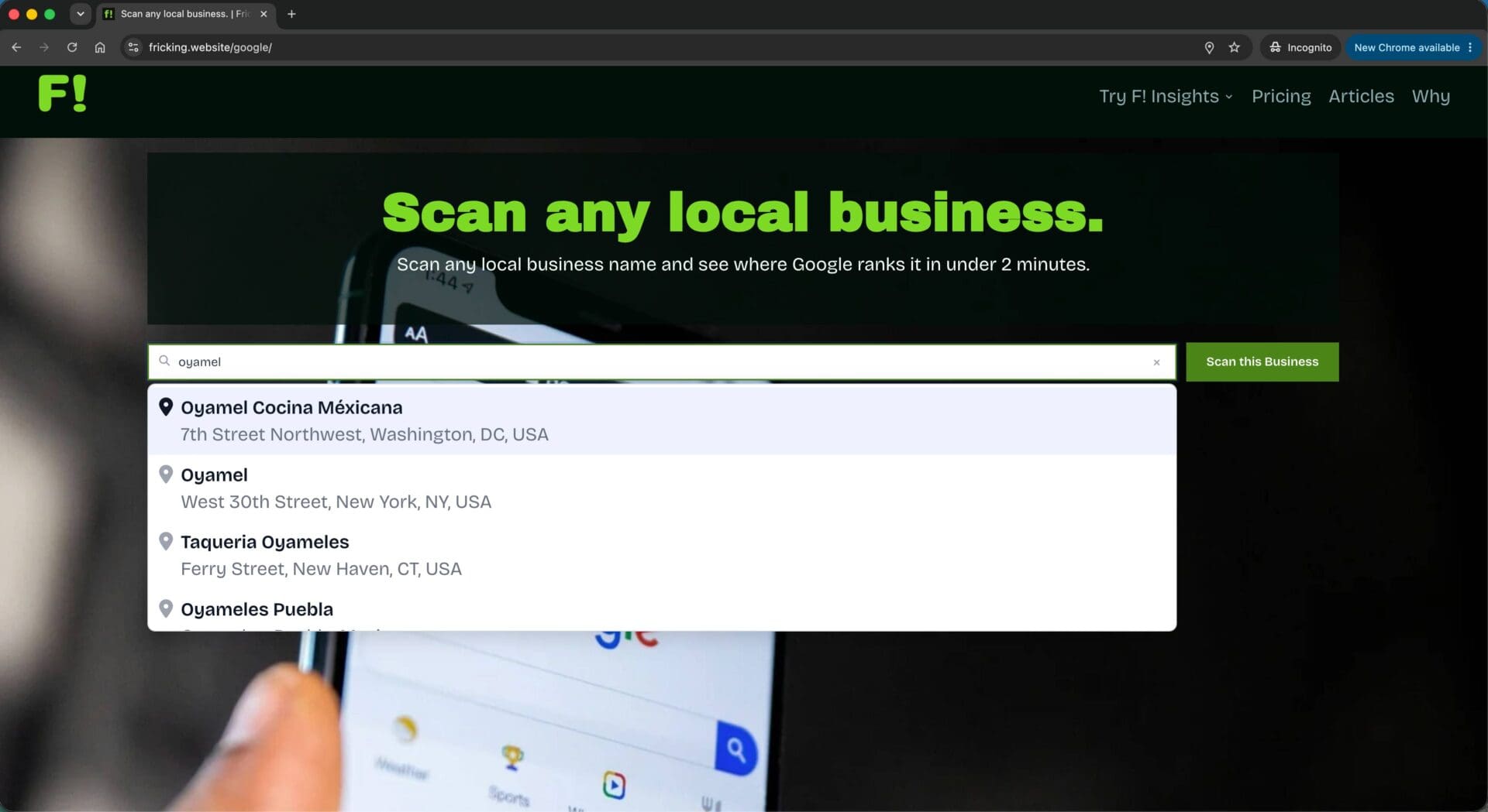 Fricking Insights local business scan landing page.