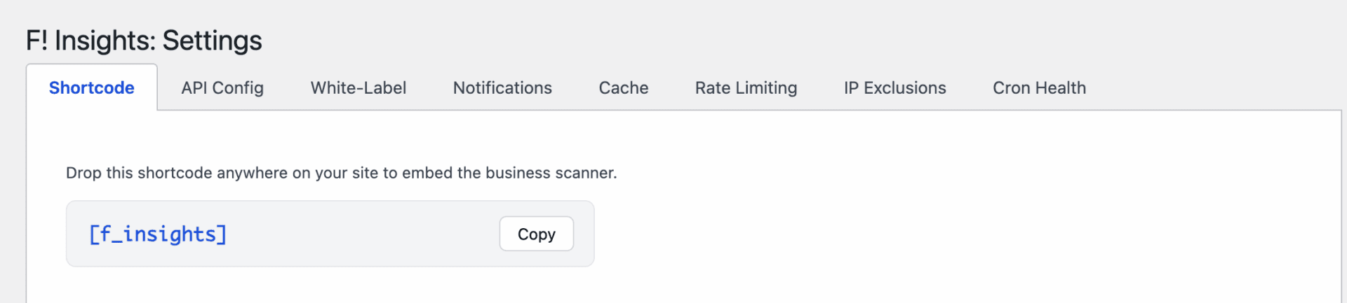 F! Insights settings, shortcode page view.