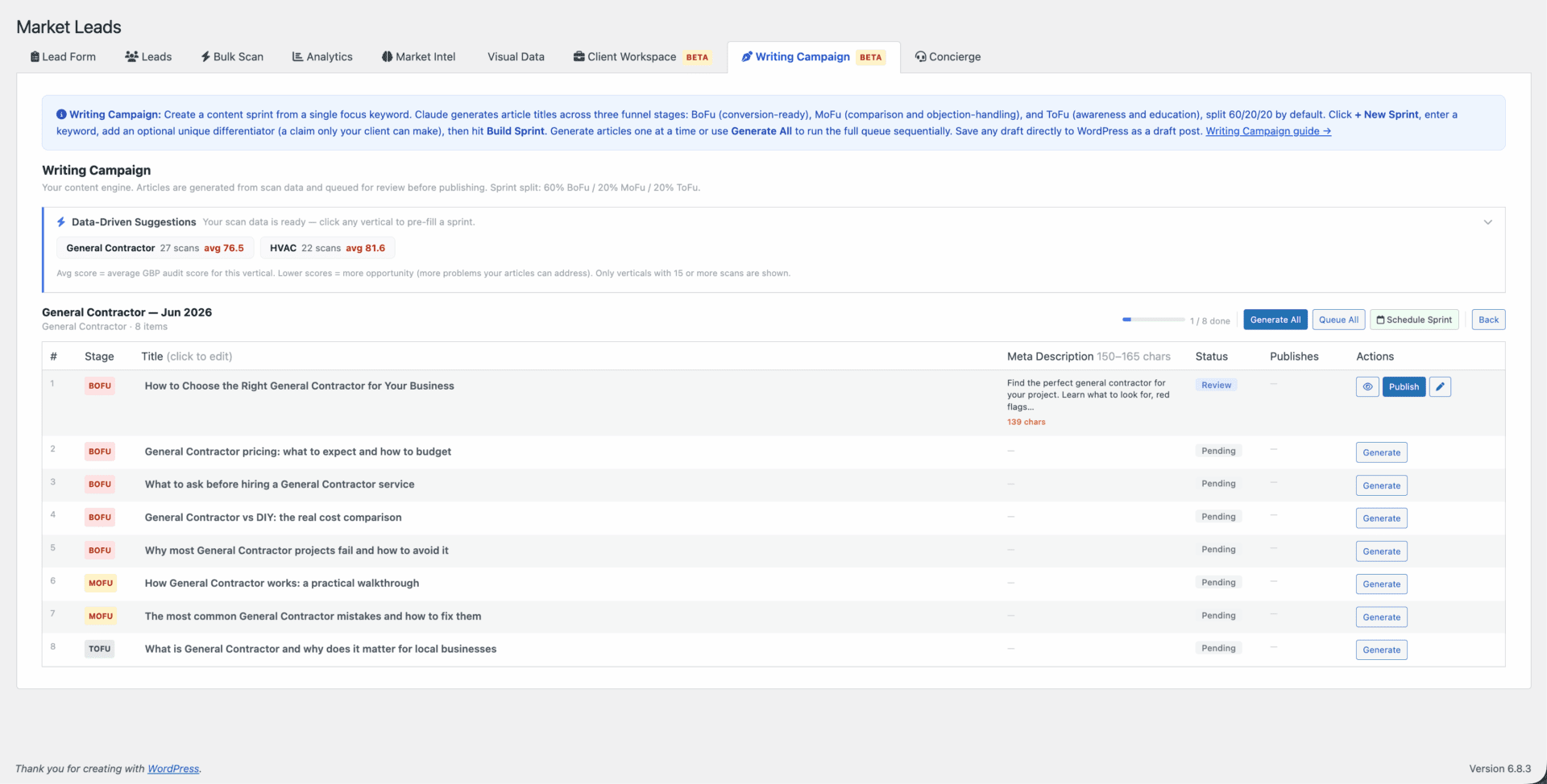 Fricking Insights premium feature: writing a campaign for host website seo.